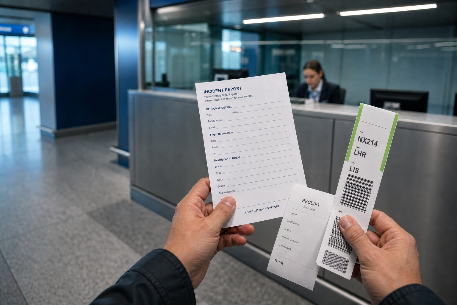 Baggage tag, boarding pass and airport baggage report arranged on a dark airport seat